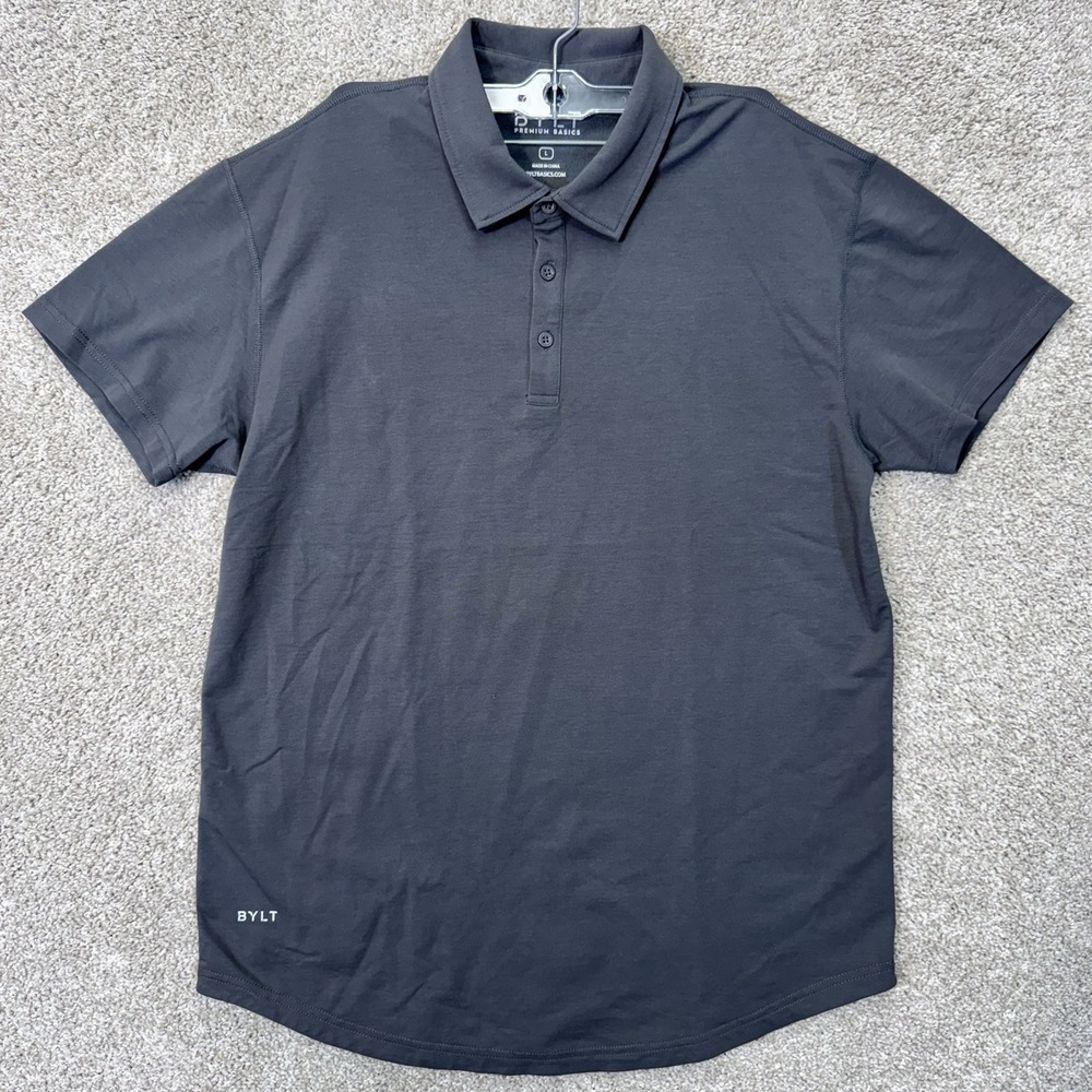 BYLT Polo Shirt Mens L Lux Short Sleeve Dark Gray Curved Hem EUC